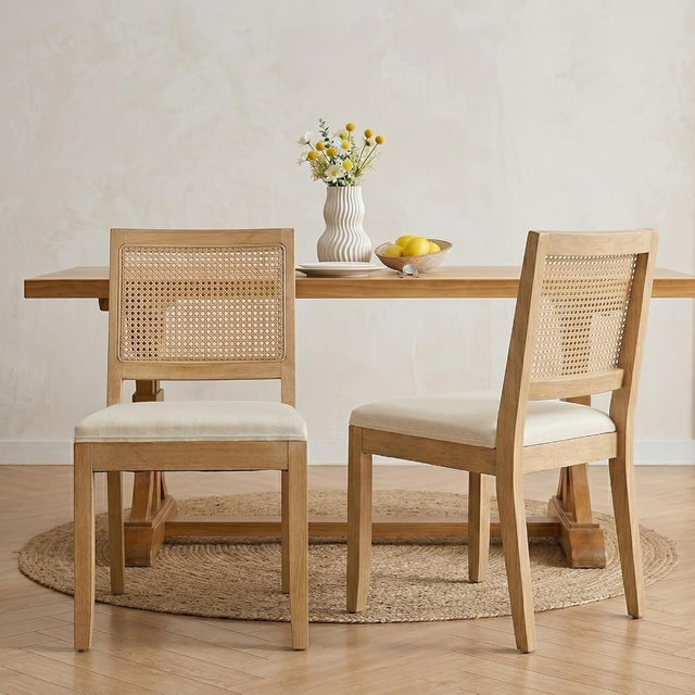 Waully Vintage French Country Dining Chairs Set of 2, Rattan Dining Chairs with a Low Square Back, Beige Upholstered Dining Chair, Sillas para Comedor, Kitchen & Dining Room Chair (Beige, 2Pcs)