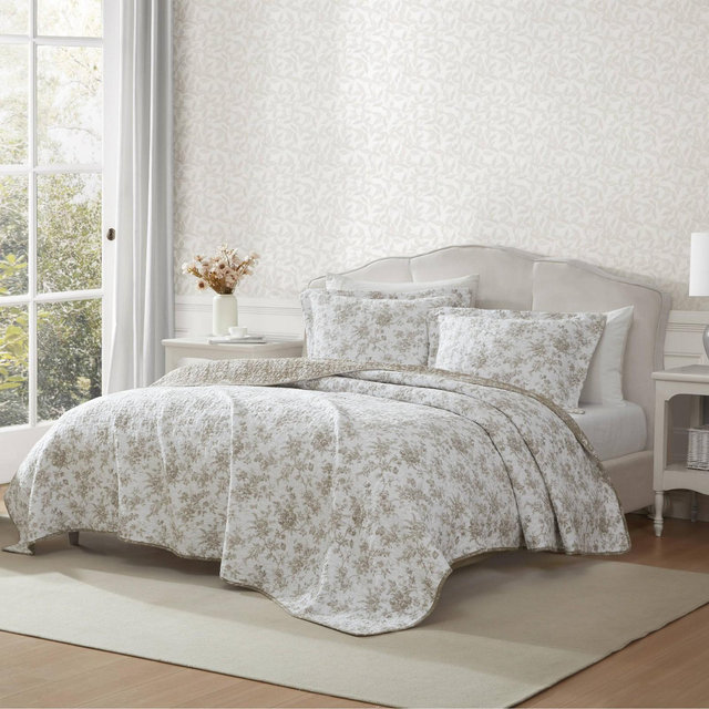 Laura Ashley 3pc Full/Queen Walled Garden Quilt Bedding Set Brown: Machine Washable, Pre-Washed, OEKO-TEX Certified
