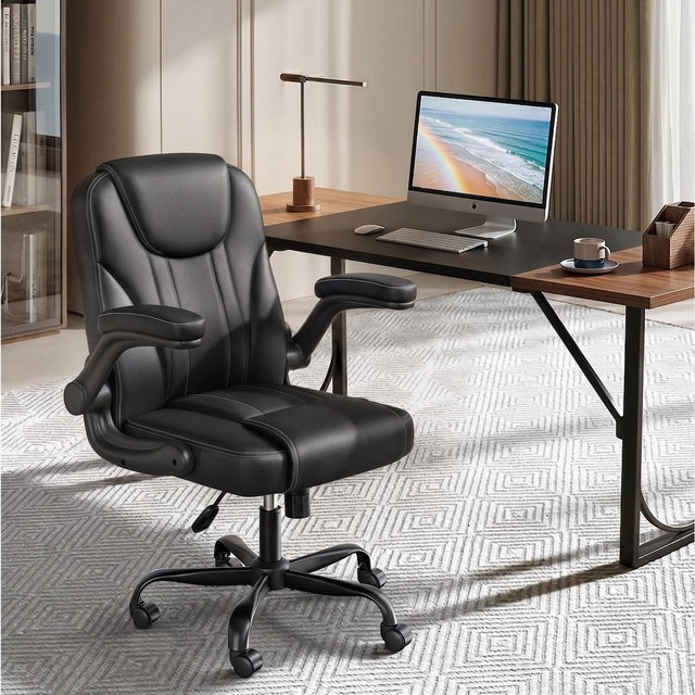 Pinmoco Ergonomic Executive Computer Desk Chair with Double-Layer Cushion, Gaming Chair with Wheels and Flip-Up Armrest, PU Leather Black