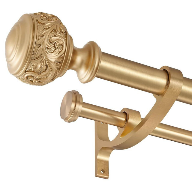Double Curtain Rod, 1 inch Window Telescoping Drapery Double Rod 72 to 144 Inches (6-12 Feet), Classical Ball Finials,Premium Aluminum Brackets,Warm Gold