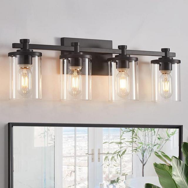 4 Light Bathroom Light Fixtures, Modern Black Vanity Lights Over Mirror, Wall Sconce with Clear Glass Shade and Metal Base, Matte Black Vanity Lights for Bathroom