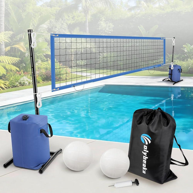 Swimming Pool Volleyball Net Set for Adults and Family | Max 30ft & 4-Height Adjustable | Angled Tension Poles + 2 Water-Filled Bags for Superior Stability | Pool Volleyballs + Storage Bag