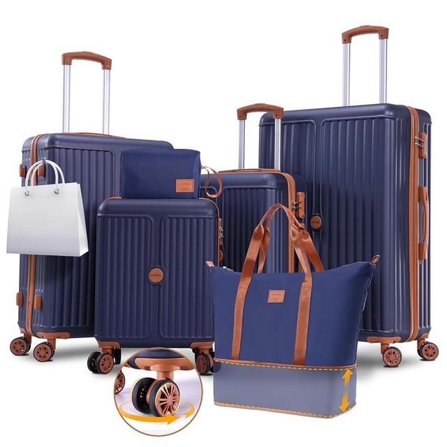Hoteel 6 Piece Luggage Set ABS+PC Hardshell, 4-Year Limited Warranty, Spinner Wheels, TSA Lock, 16"/20"/24"/28" with Travel Duffel and Travel Organizer, Dark Blue