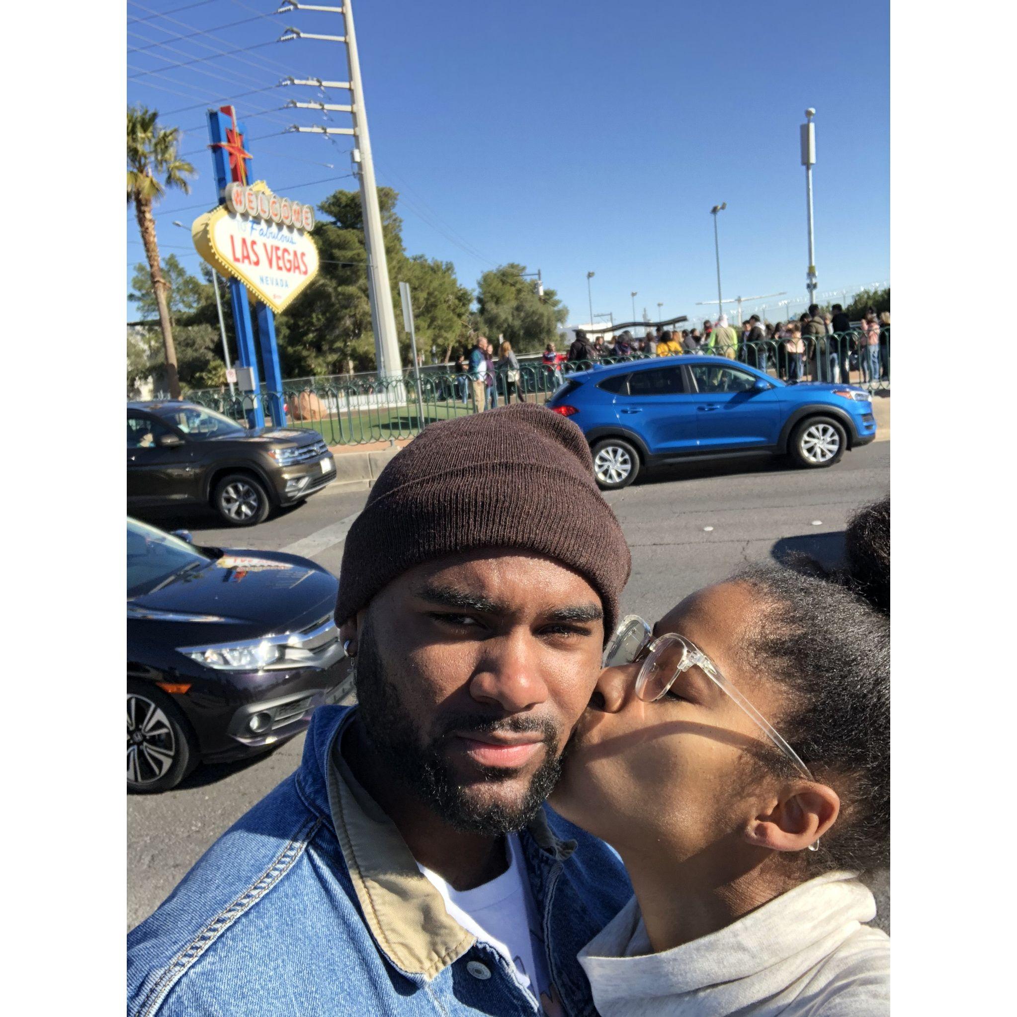 In front of the Las Vegas sign in 2018.