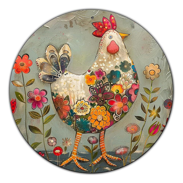 KLHSOF Chicken And Flower Metal Sign Vintage Tin Sign Round Sign Aluminum Sign for Farmhouse Kitchen Outdoor Outside Home Backyard Wall Decor 8 Inch