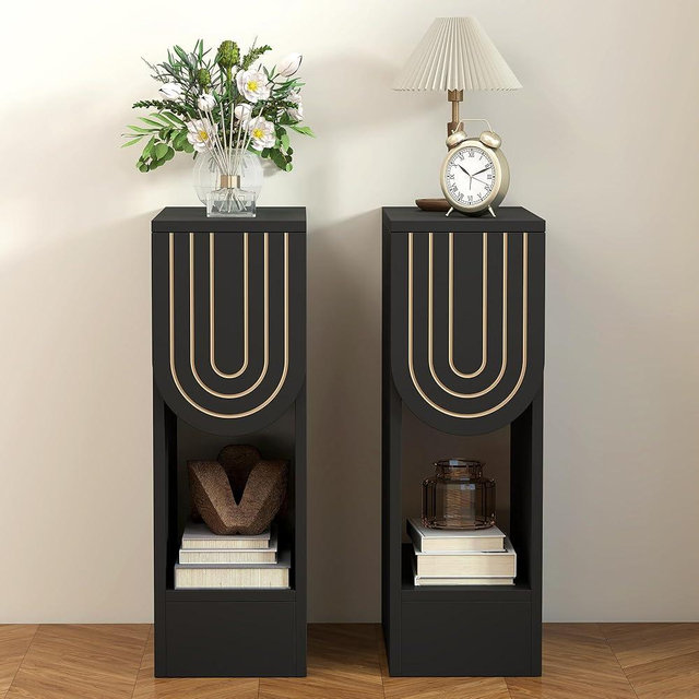 weselon Narrow Nightstands Set of 2, Black Bedside Table with Carved Drawer and Storage Shelf, Mid-Century Modern Slim Side End Table for Bedroom Compact Space, Wooden Small Night Stand (2, Black)