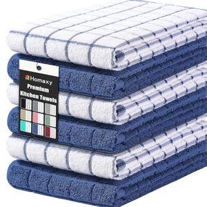 Homaxy Premium Cotton Kitchen Towels 16"x 28", Large Natural Ring Spun 390 GSM Dish Towels, Super Absorbent Terry Kitchen Hand Towels, Soft Tea Towels with Hanging Loop, Navy Blue Check Design, 6 Pack