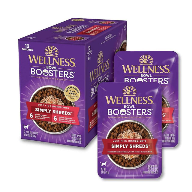 Wellness Bowl Boosters Simply Shreds Wet Dog Food Topper for Small, Medium, & Large Breeds, Grain Free, Natural, Chicken Variety Pack, 2.8 Ounce Pouch (Pack of 12)