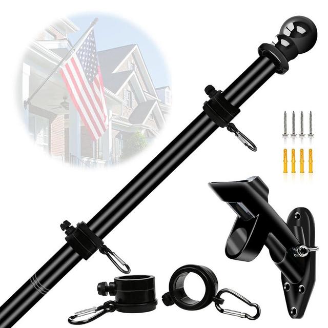 NQ Black Flagpole Kit for Outside House - 5FT Stainless Steel Wall Mounted Flag Poles with Bracket & Flag Mounting Rings for Porch Yard Garden Outdoor Residential or Commercial