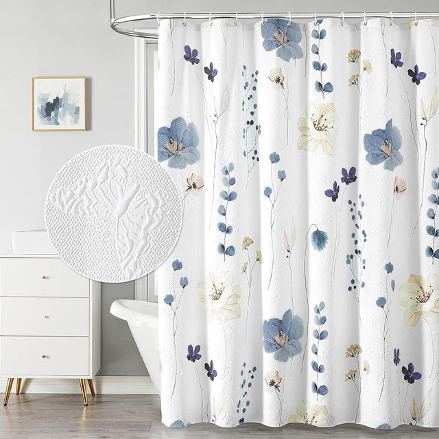 QiyI Watercolor Floral Shower Curtain, 3D Embossed Textured Grey Beige Flower Bathroom Curtain, Modern Minimalist White Cloth Bath Curtain, Waterproof Fabric Shower Curtain Set with Hooks, 72x72 Inch