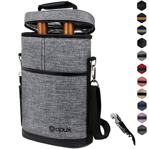 Insulated 2 Bottle Wine Carrier | Wine Tote Bag with Shoulder Strap, Padded Protection, Corkscrew Opener | Portable Wine Cooler Carrying Bag for Travel Picnic - Heather Grey