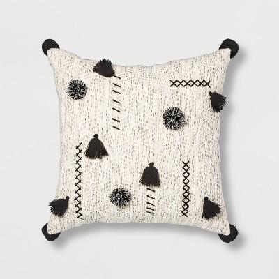 assel & Pom Square Throw Pillow Cream/Black