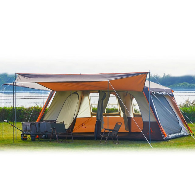 KTT Extra Large Tent 6-12-14 Person,Family Cabin Tents,2 Rooms,3 Doors and 3 Windows with Mesh,Straight Wall,Waterproof,Double Layer,Big Tent for Outdoor,Picnic,Camping,Family Gathering
