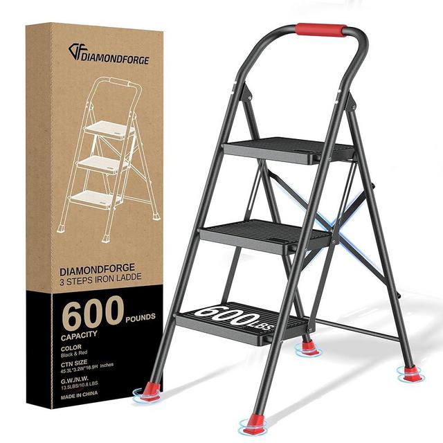 Step Ladder Foldable Folding Stool - for Home Adults Kitchen 3 Stepping Extension Tall Heavy Duty with Handrails - Closet Stepstool Stair Ladders Extendable Stepladder for Indoor House 600Lbs