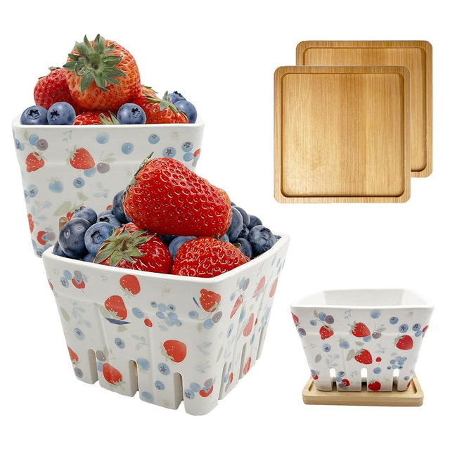 SNAIL GARDEN 2Pcs Ceramic Berry Basket with 2Pcs Bamboo Coasters,Berry-Patterned Berry Bowls with Holes Ceramic for Strawberries Blueberries, Fruit Basket for Rustic Farmhouse Kitchen Decor