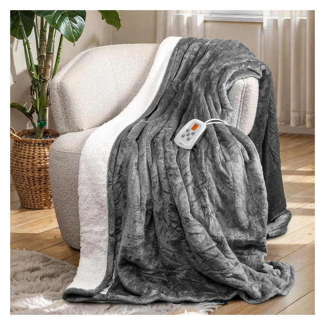 Heynemo Electric Heated Blanket Twin 84"x62", 10 Heat Levels, 12H Auto Off, faux shearling, Grey
