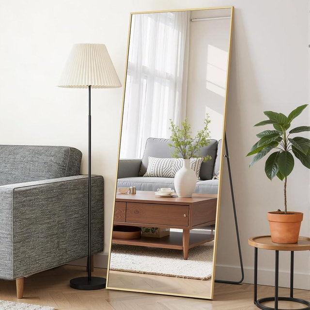 Mirror Full Length 64"x21" Full Body Floor Mirror with Stand, Shatterproof Glass, Aluminum Alloy Frame, Free Standing Wall Mounted or Leaning Rectangle Mirrors for Bedroom Living Room Entryway