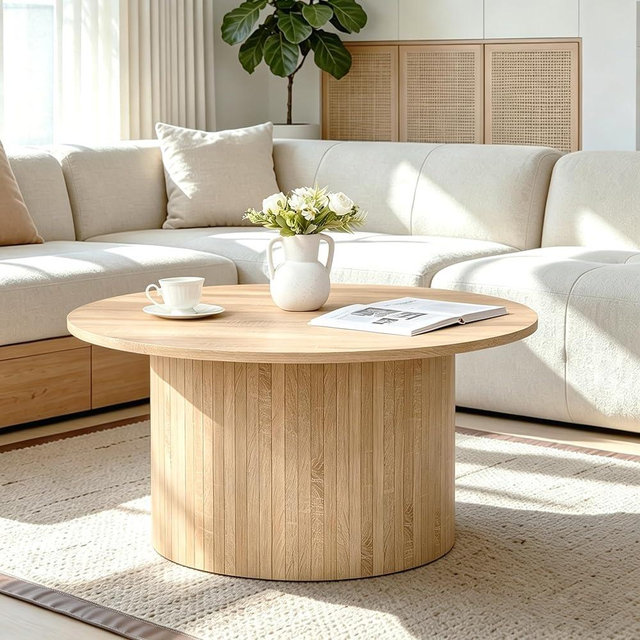 Lecafur HL 31.5" Round Coffee Table Modern Wood Grain Center Table with Tambour Design Circle Pedestal for Living Room Lounge Sitting Areas Apartments, Natural