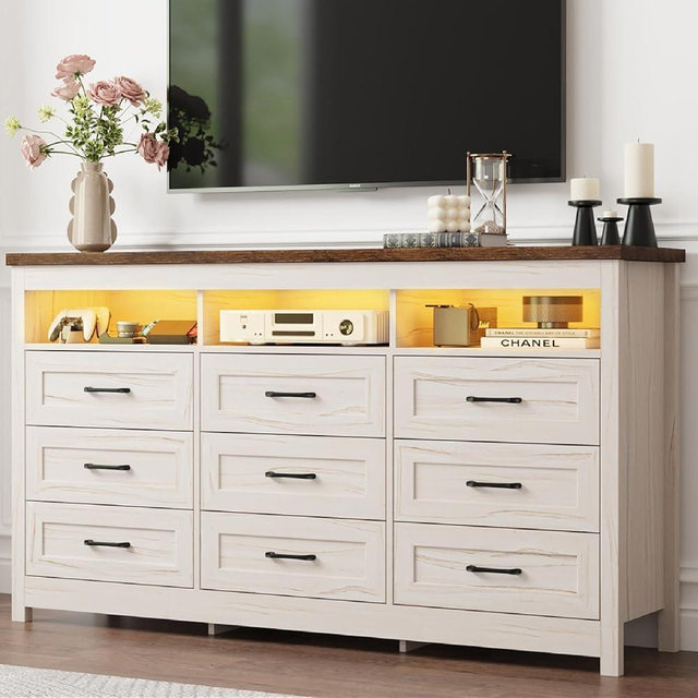 Hlivelood Farmhouse 9 Drawer Dresser with LED Lights, 63" Wide Large Chest of Drawers for Bedroom, Modern Wood Dresser Storage Organizer with Charging Station for Living Room, Bedroom, Hallway, Beige