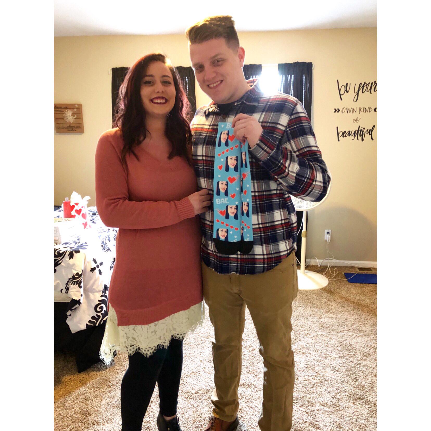 Valentine’s Day - Alexus got Zach socks with her face on them.