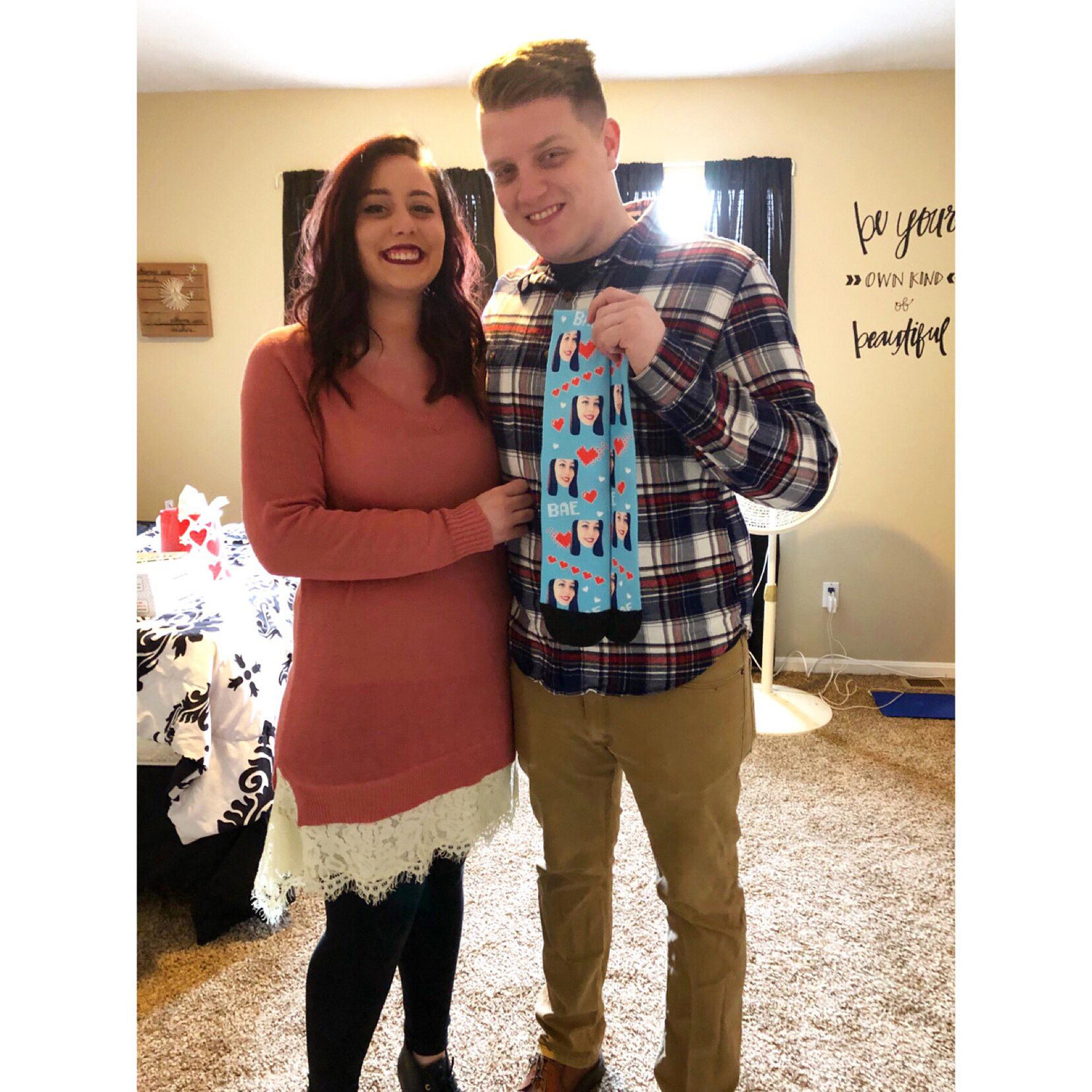 Valentine’s Day - Alexus got Zach socks with her face on them.