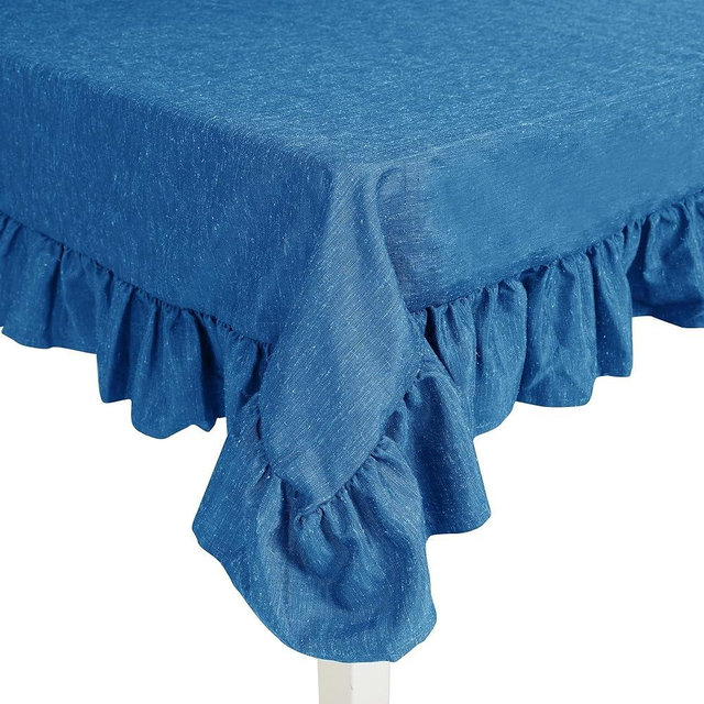 Castle Selection 60"x102" Decorator Tablecloth Dining and Banquet Rustic Style Linen Ruffled Edge (Blue)
