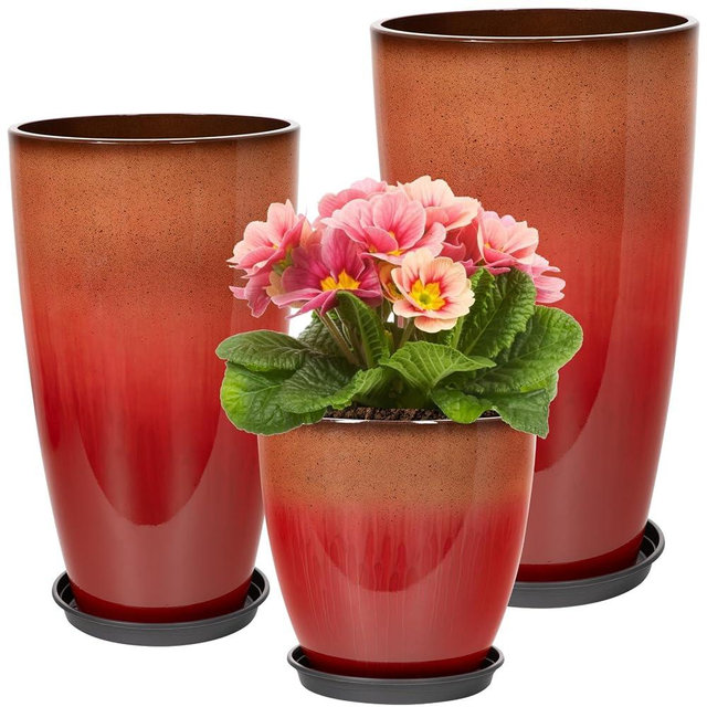 Neoaider 24/21/12 Inch Large Plastic Planter, Lightweight Ceramic-Look Tall Planters with Drain Hole & Saucers, Tall Plastic Planters for Porch, Garden, Patio, Balcony(Fiery Red)