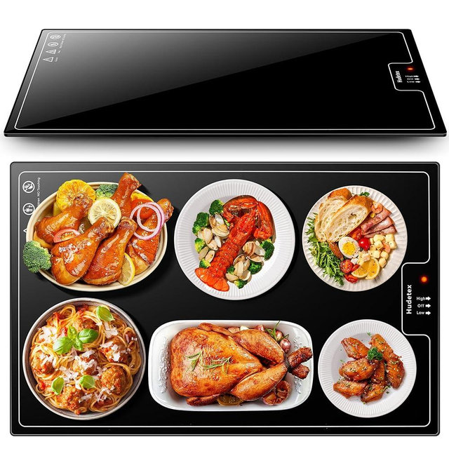 Electric Warming Tray（Large 22"x14"），Food Warmer with Thermostat and Full Surface Heating，Food Warming Mat with 2 Temperature Modes for Parties Buffet，Gatherings，Gold Edge Handles Warming Mat for Food