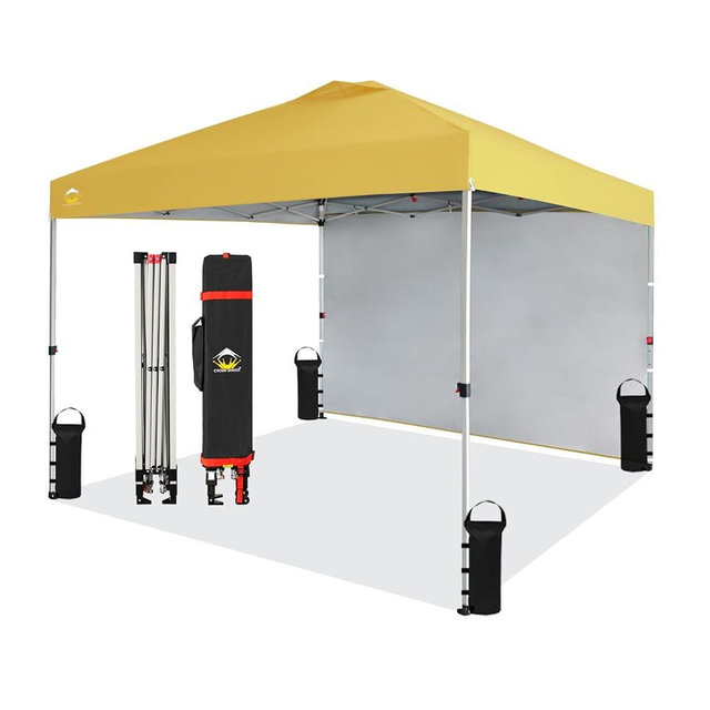 CROWN SHADES Canopy Tent 10x10 Pop Up Canopy Outdoor Shade with One Sidewall, Easy Up Sun Shelter with One Person Set Up Center Lock, Portable Instant Camping Beach Canopy Tents, Yellow