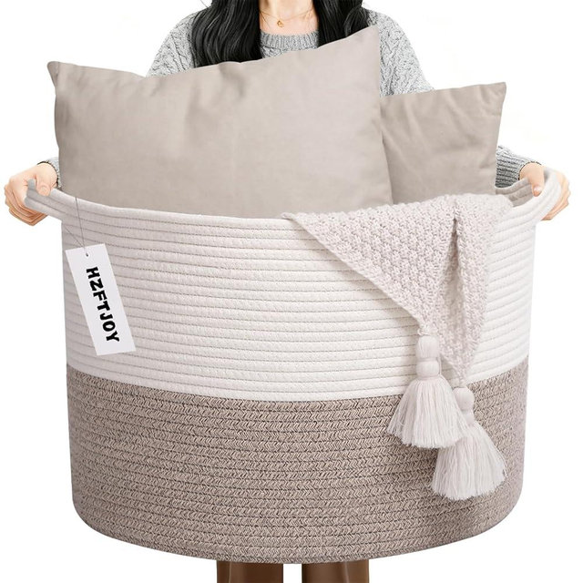 HZFTJOY Large Blanket Basket for Organizing,65L Closet Organizers and Storage Bins Box for Shelves Woven Rope Storage Baskets,Living Room,Bedroom,Dorm,Laundry room (White&Brown)