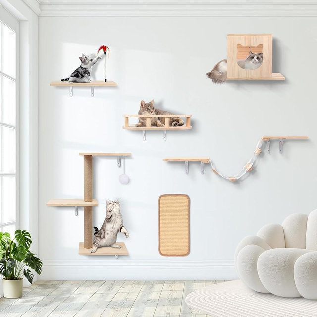 Coolsheepsia Cat Wall Shelves, Solid Wooden Wall-Mounted Cat Furniture, Set of 6 Cat Climbing Shelves with House, Bed, Bridge, Tree, Steps and Scratcher