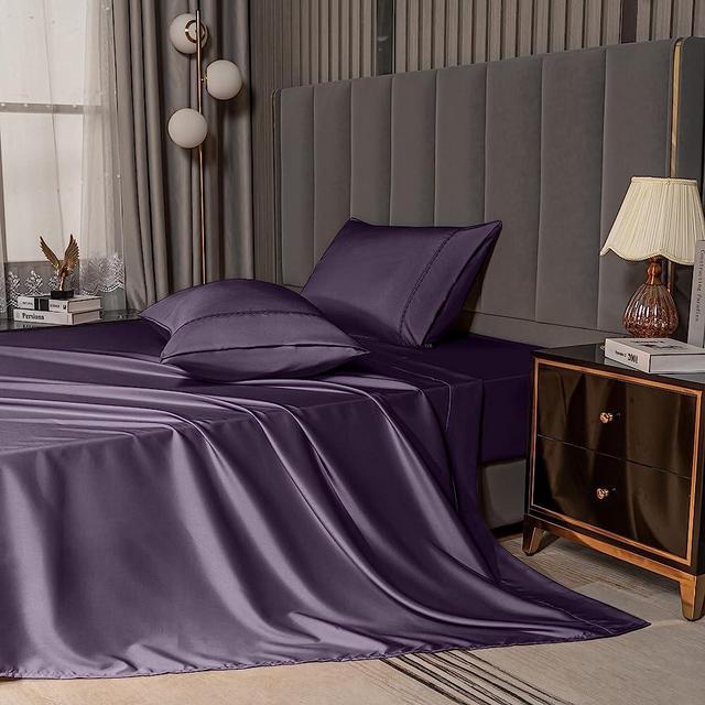 MCO Bedding Queen Bed Sheets Set - Bamboo Sheets - Cooling Breathable Bedding Set with 16" Deep Pocket (4 Pieces, Queen, Purple Eggplant)