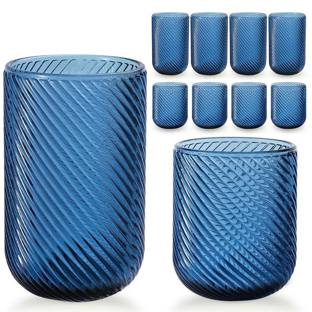 WeirdUncle Set of 8 Ribbed Glassware,4 Highball Glasses 14oz & 4 Rocks Drinking Glasses 9oz, Origami Style, Fluted Design, for Milk, Water, Cocktail, Juice, Beer, ToothBrush Cup, Gif (Leaning Blue)