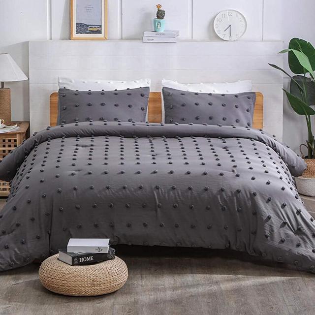 Paxrac Tufted Grey Queen Comforter Set (90x90 inches), 3 Pieces- 100% Soft Cotton Jacquard Lightweight Comforter with 2 Pillowcases, Chenille Dots All Season Down Alternative Comforter Set for Bedding