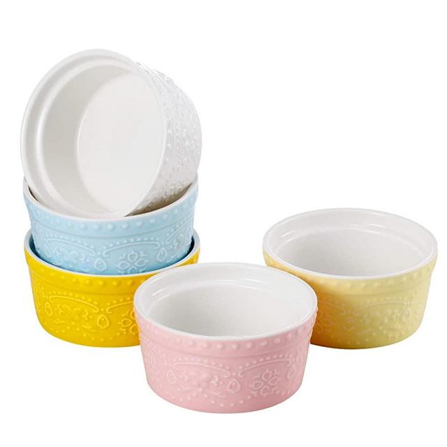 Sumerflos 6 Oz Porcelain Ramekins, Souffle Dishes - for Baking, Pudding, Creme Brulee and Ice Cream - Microwave, Oven Safe - Set of 5, Elegant Assorted Colors