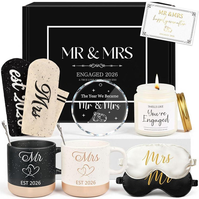 Giftota 2026 Mr & Mrs Gift Set for Couples, Engagement Gift with Mugs, Scented Candle & Crystal Wedding Ornament 2026, Wedding Gift for Newlyweds, Bridal Shower Gift, Engaged 2026