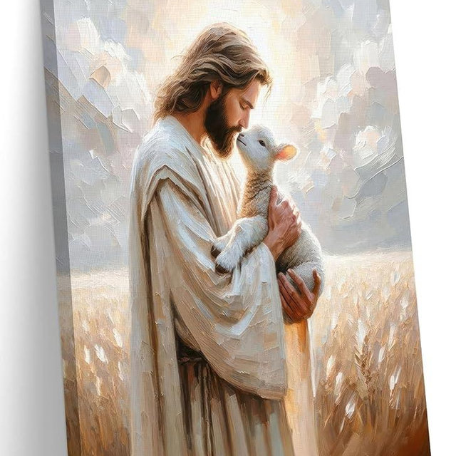 FWAHREN Christian Jesus and Lamb Canvas Wall Art, Good Shepherd Religious Painting Artwork, Framed Biblical pictures Poster Print Wall Decor for Church Prayer Room Home Office, Wrapped Canvas 12x16in