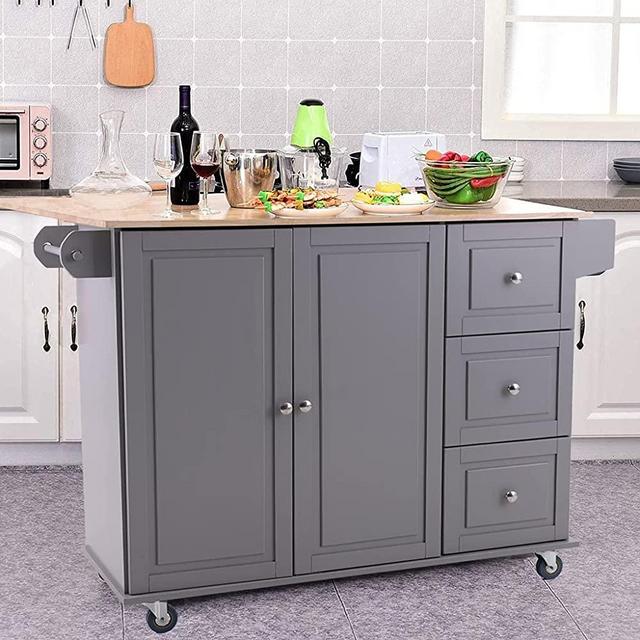PHI VILLA Kitchen Island Cart on Wheels - Mobile Kitchen Island with Drop Leaf, Rolling Kitchen Table with Storage