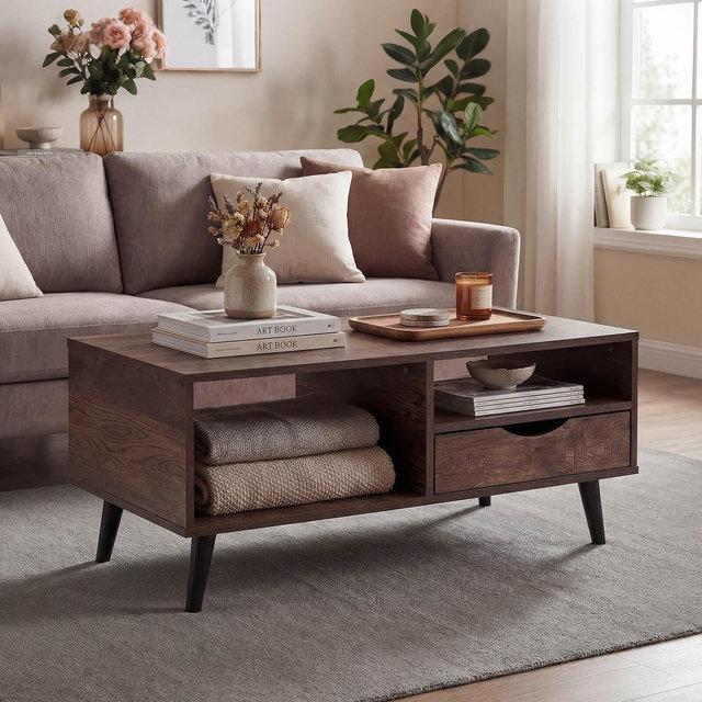 Costway Coffee Table with Storage, Rustic Rectangle Center Table with Drawer & Open Shelves Walnut