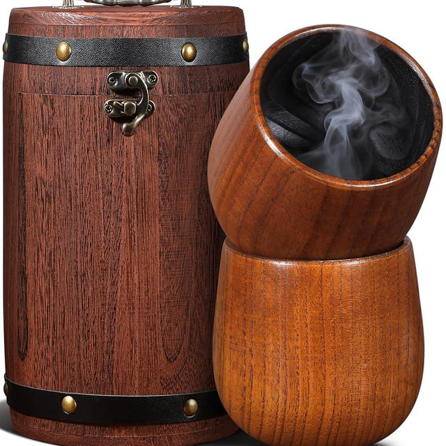 Coralogo Wooden Bourbon Glasses Set of 2 - Charred Interior Whiskey Cups with Exquisite Barrel Gift Box, Handcrafted Wooden Whiskey Gift for Men Dad Husband - Birthday Anniversary Retirement