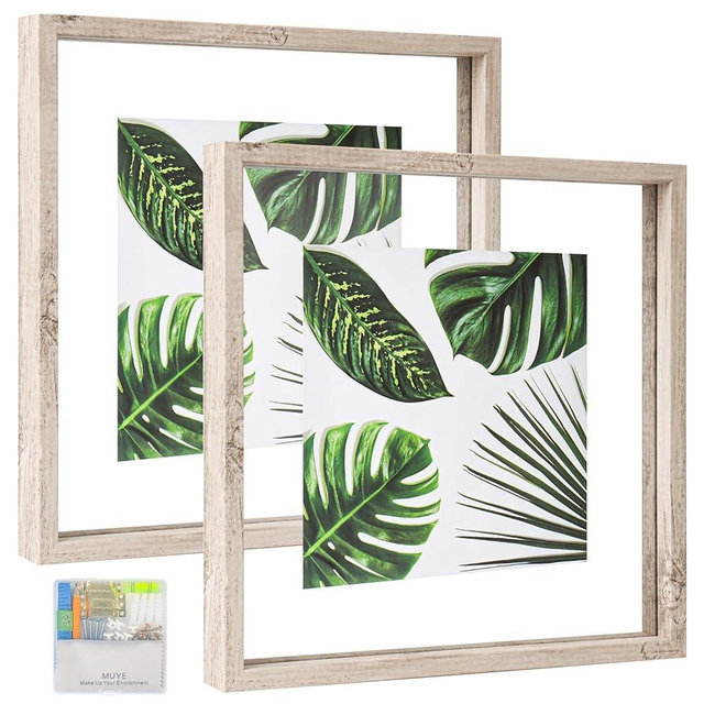 MUYE 12x12 Floating Frame Distressed Beige White Wood Pattern,Double Glass Square Picture Frame Set of 2 Display Any Size Photo up to 12x12,Wall Mount or Tabletop