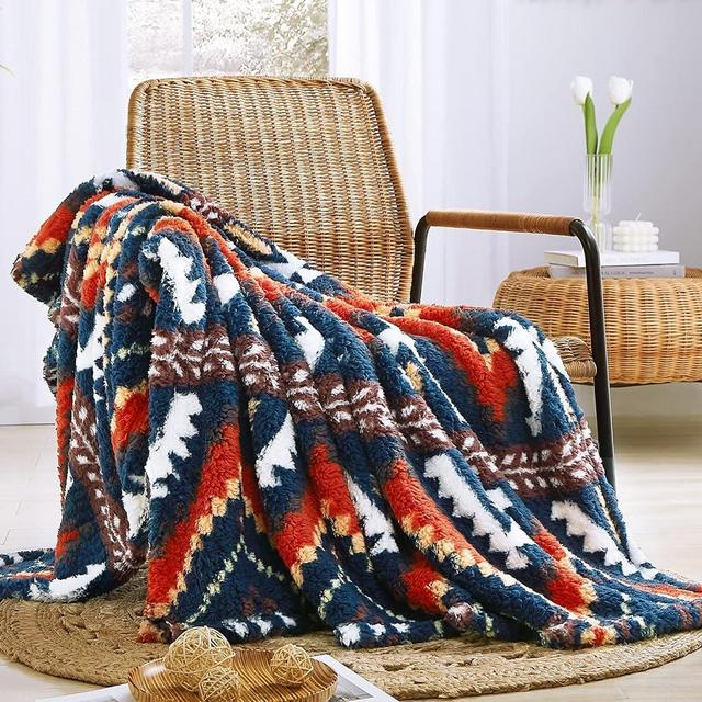 CASAAGUSTO Boho Sherpa Throw Blanket, Aztec Throw Blanket, Ultra Soft, Warm, Cozy, Plush, Thick Fleece Bohemian Throw Blanket for Couch, Bed, Sofa (Navy Blue 50 * 60 Inch)