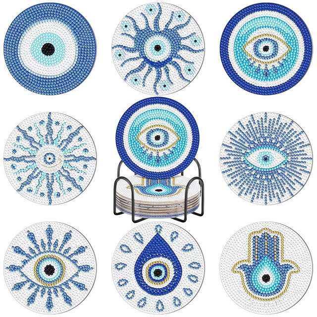 8 Pcs Evil Eye Diamond Painting Coasters Blue Diamond Art Cup Holder Mat with Cork Base for Beginners Craft Supplies Gift