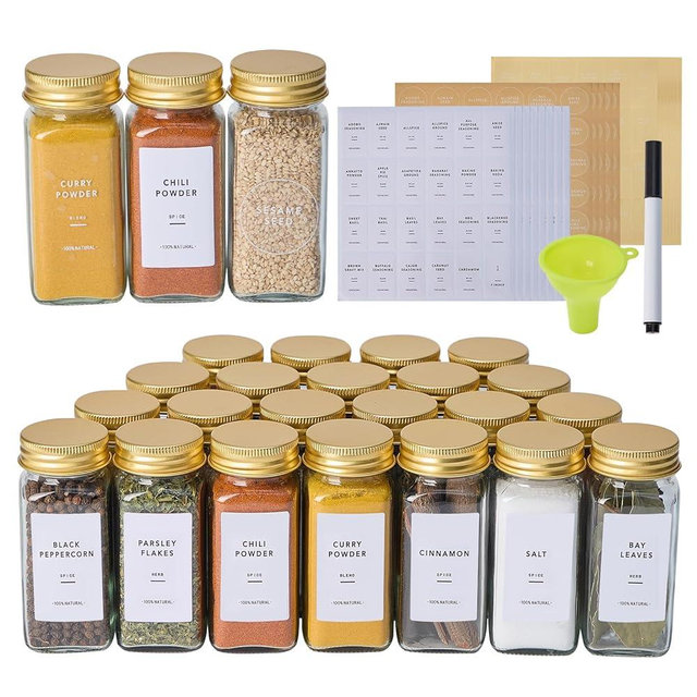 Fiwence 36 Pcs Glass Spice Jars with 576 Labels, 4oz Empty Square Spice Containers,Seasoning Bottles with Gold Metal Caps - Shaker Lids, Funnel and Chalk Pen Included