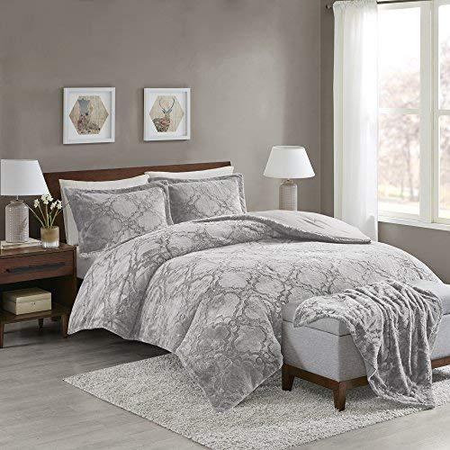 Comforter Set + Long Fur Throw Combo - 4 Piece - Grey - Snugly Warm and Ultra Soft - King Size, Includes 1 Comforter, 2 Shams