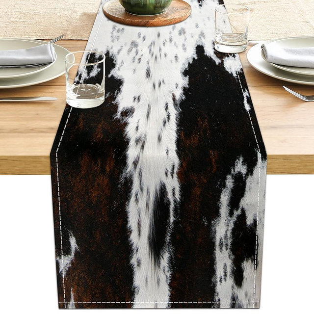 Linen Cow Print Table Runner 13x71 Inch Farmhouse Western Brown Black Cowhide Runners Table Decorations Rustic Coffee Table Runner for Home Kitchen Dining Room