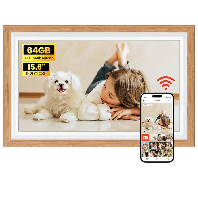 64GB Frameo 15.6" Digital Picture Frame Large 1920 x 1080 IPS FHD Touch Screen WiFi Electronic Photo Frames Share Moments Instantly Anywhere Best Gifts for Parents and Grandparents Natural Wood