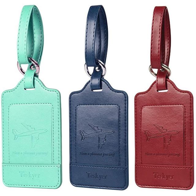 Teskyer Luggage Tags, 3 Pack Premium PU Leahter Luggage Tags Privacy Protection Travel Bag Labels Suitcase Tags