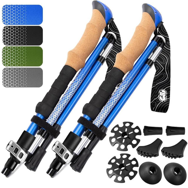 Premium Foldable Hiking Poles by USA Brand - Adjustable, Lightweight Trekking Poles Made of Aircraft Aluminum, Metal Locks Cork EVA Grips