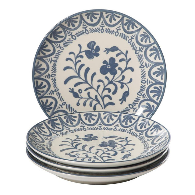 Bloomhouse - 2-Time Oprah’s Favorite Things - Valencia Flor 4 Piece 10.75” Dinner Plate Set, Stoneware Plates, Mediterranean Floral Decal Design, Microwave & Dishwasher Safe, Iris Blue